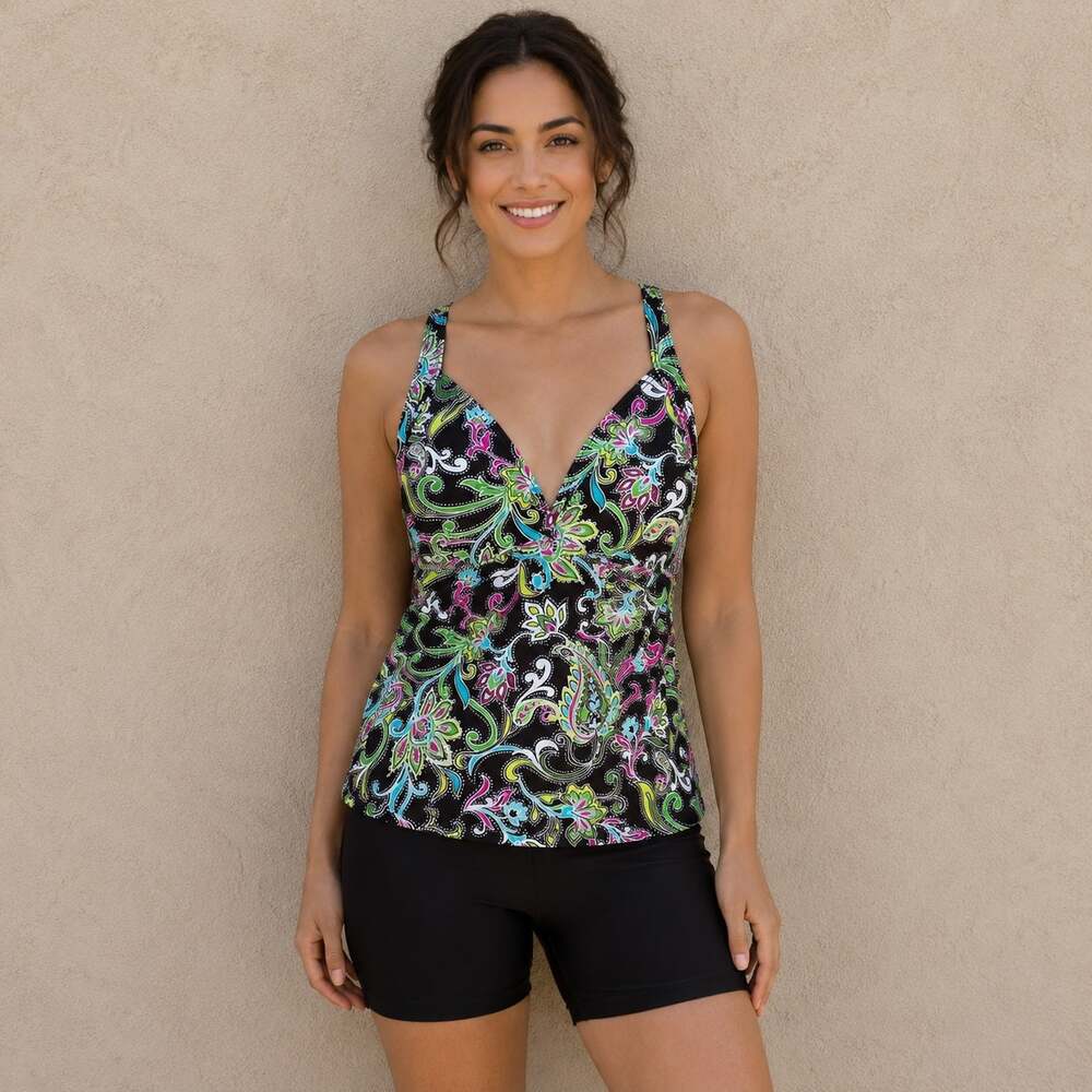 Athleta Brown Paisley Floral Swim Tankini Top 32D/30DDD